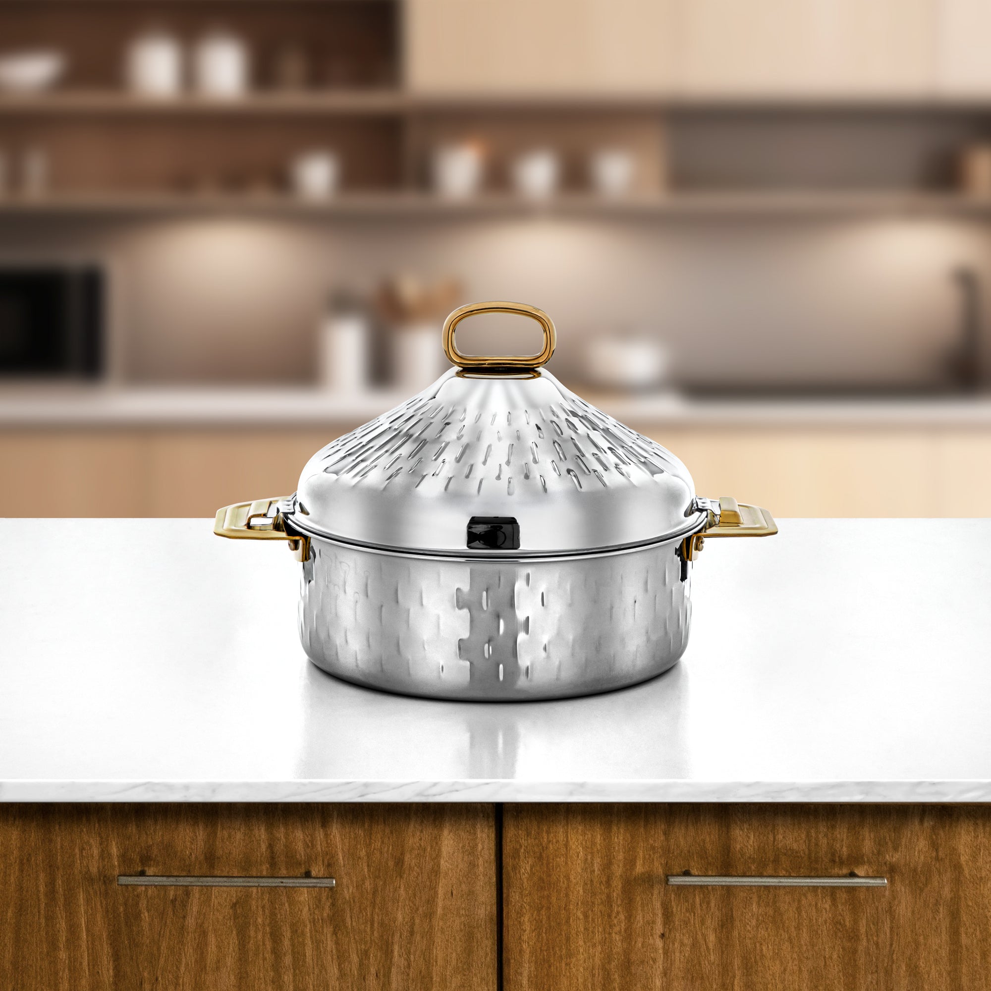 Almarjan Hot Pot Stainless Steel, 25CM (2500ML), Silver & Gold (H25M7G) - Abeer Collection