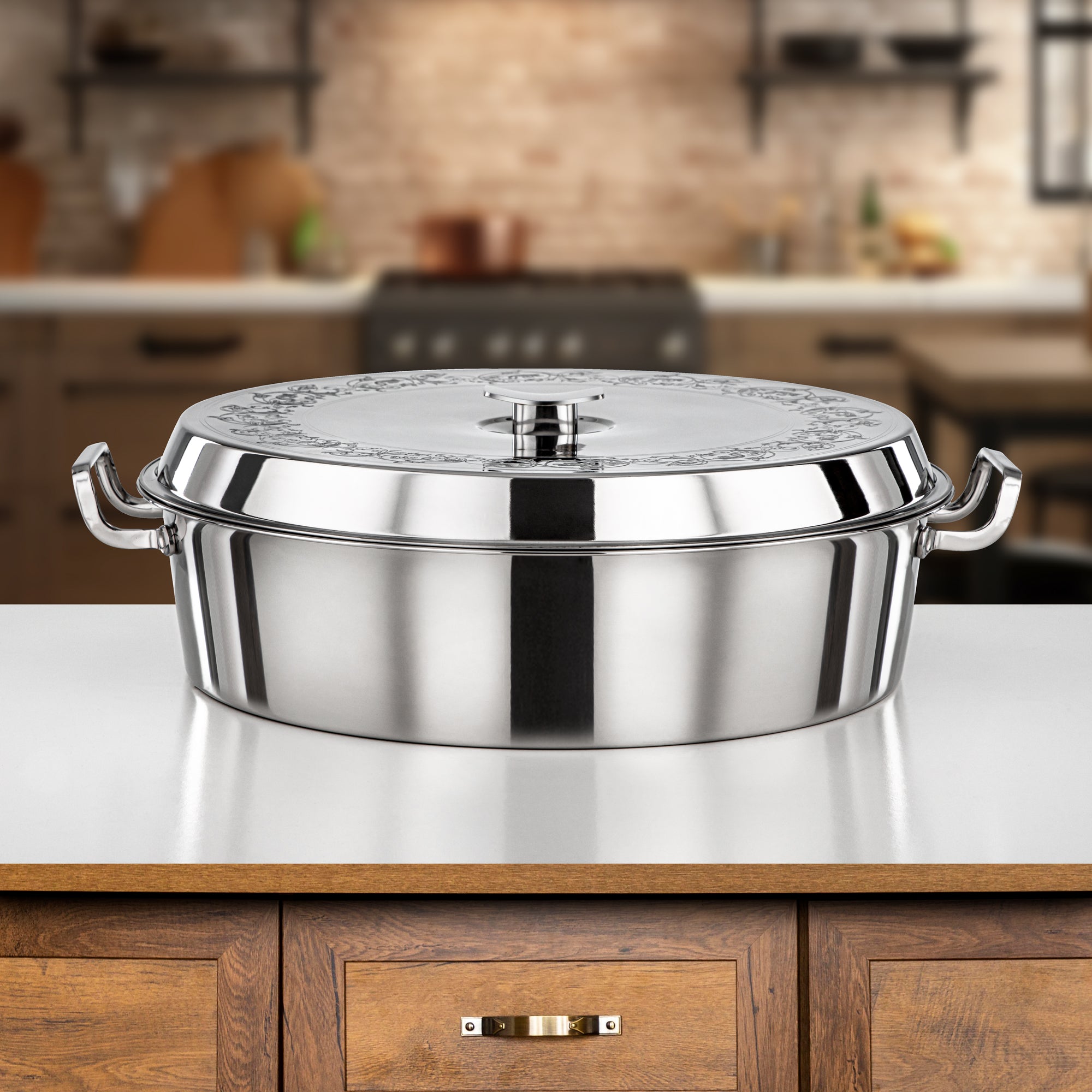 Almarjan Hot Pot Stainless Steel, Etched Cover, 40CM (8500ML), Silver (H25P9) - Badr Collection, Exquisite Serveware