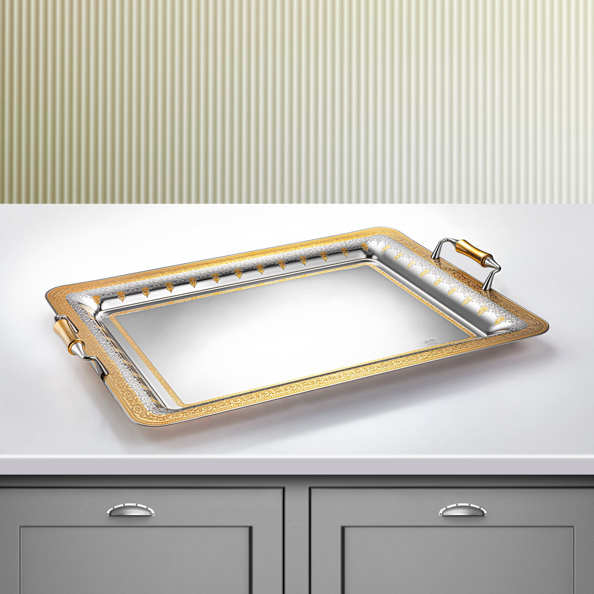 Almarjan 57 CM Teresa Collection Stainless Steel Serving Tray Silver & Gold - STS2051219